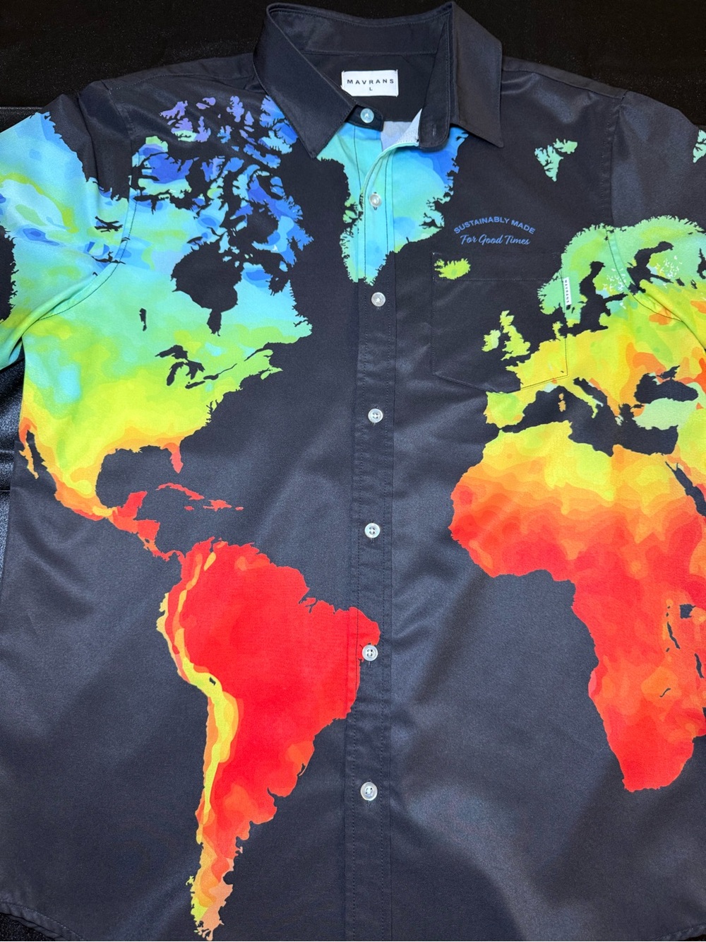 Mayvans Men's Black Button-Down Shirt with Colorful World Map Print